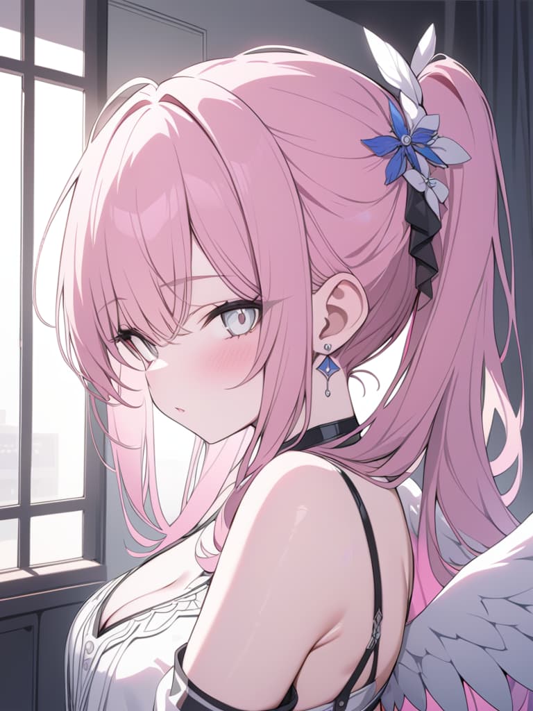  Pink hair, pop, angel, subculture, cute, white eyes, earrings, hair ornaments, masterpiece, best quality,8k,ultra detailed,high resolution,an extremely delicate and beautiful,hyper detail