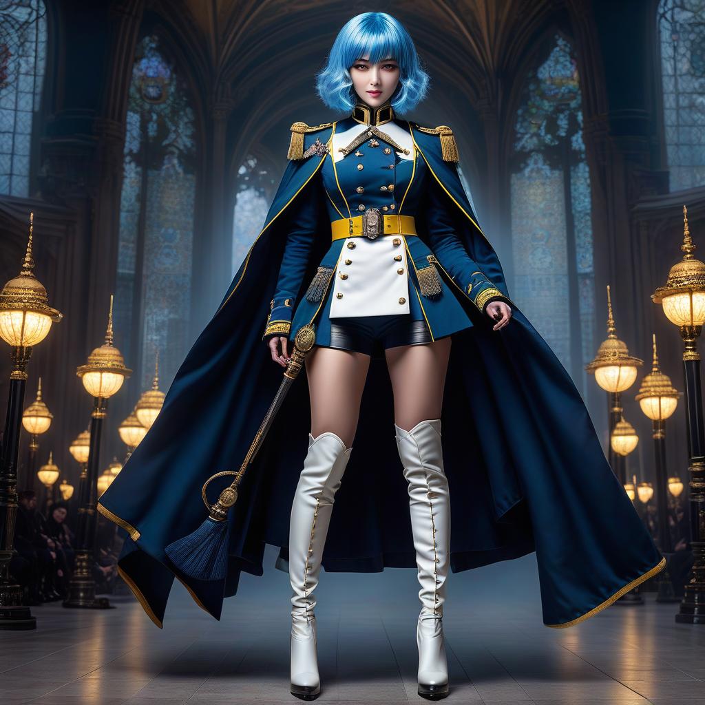  Girl, ((full body)), blue hair, bob cut, bright yellow eyes, hourglass figure, fully clothed, military uniform, (19th century ceremonial uniform), white clothes, white cloak, ((leggings )), black boots, over the knee boots, thigh high boots, tight boots, (shako), belt, choker, epaulettes, awards, (epic pose), looking at viewer, looking down, evil grin, skin dentension, (extremely hyper detailed face), (masterpiece : 1.4), (perfect eyes: 1.1), (perfect hands), 2D, anime, extremely detailed clothes. hyperrealistic, full body, detailed clothing, highly detailed, cinematic lighting, stunningly beautiful, intricate, sharp focus, f/1. 8, 85mm, (centered image composition), (professionally color graded), ((bright soft diffused light)), volumetric fog, trending on instagram, trending on tumblr, HDR 4K, 8K