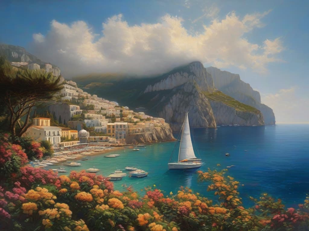  italy, capri coast, sea, sunny day, summer, sailing boat, clouds on the sky, oil painting style, , hyper detailed, masterpiece, hyperrealistic, high quality, sharp, highly detailed in Brooding landscapes, epic scale, German myth, layered symbolic density, pixel art, 32bits