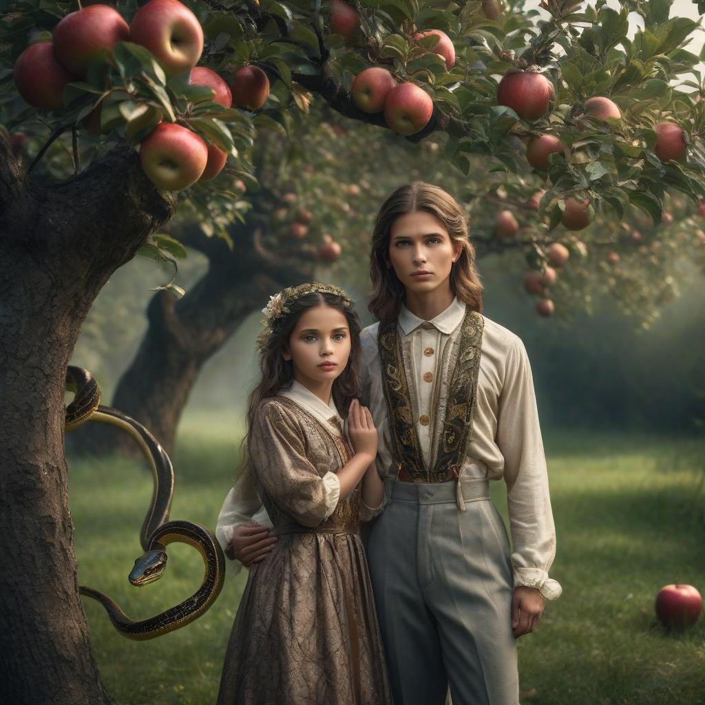  A girl is standing with a boy under an apple tree. But there's a snake hanging over him. hyperrealistic, full body, detailed clothing, highly detailed, cinematic lighting, stunningly beautiful, intricate, sharp focus, f/1. 8, 85mm, (centered image composition), (professionally color graded), ((bright soft diffused light)), volumetric fog, trending on instagram, trending on tumblr, HDR 4K, 8K