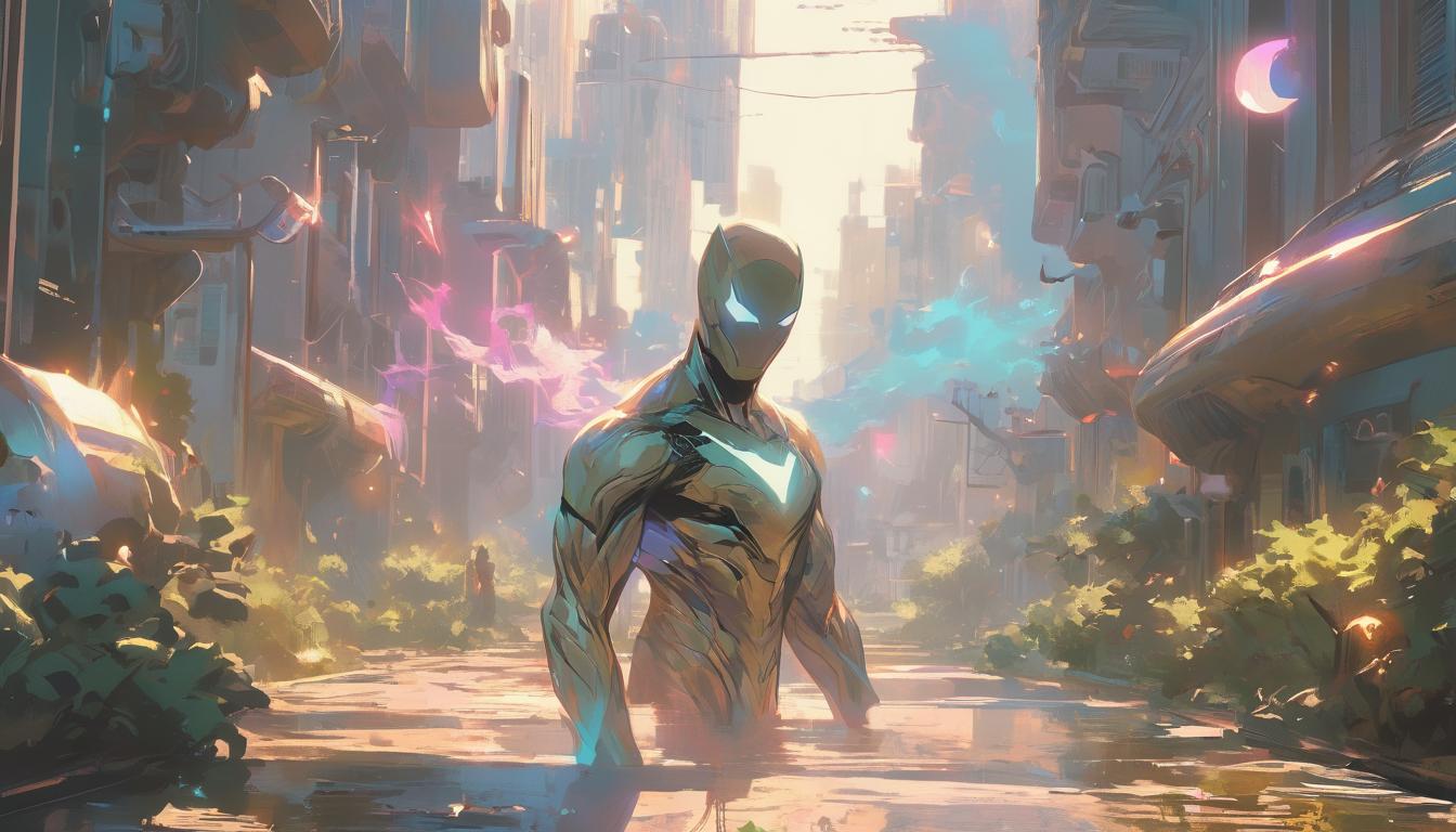  hyperrealism,fantasy aestheticEarthly scene, subtle ethereal hums floating in the air, single melodic note, passes through suburban street, gentle colors, high tech clothing clad in sleek, futuristic costume with metallic accents and form fitting designs, marvel superhero comics style, unreal engine rendering