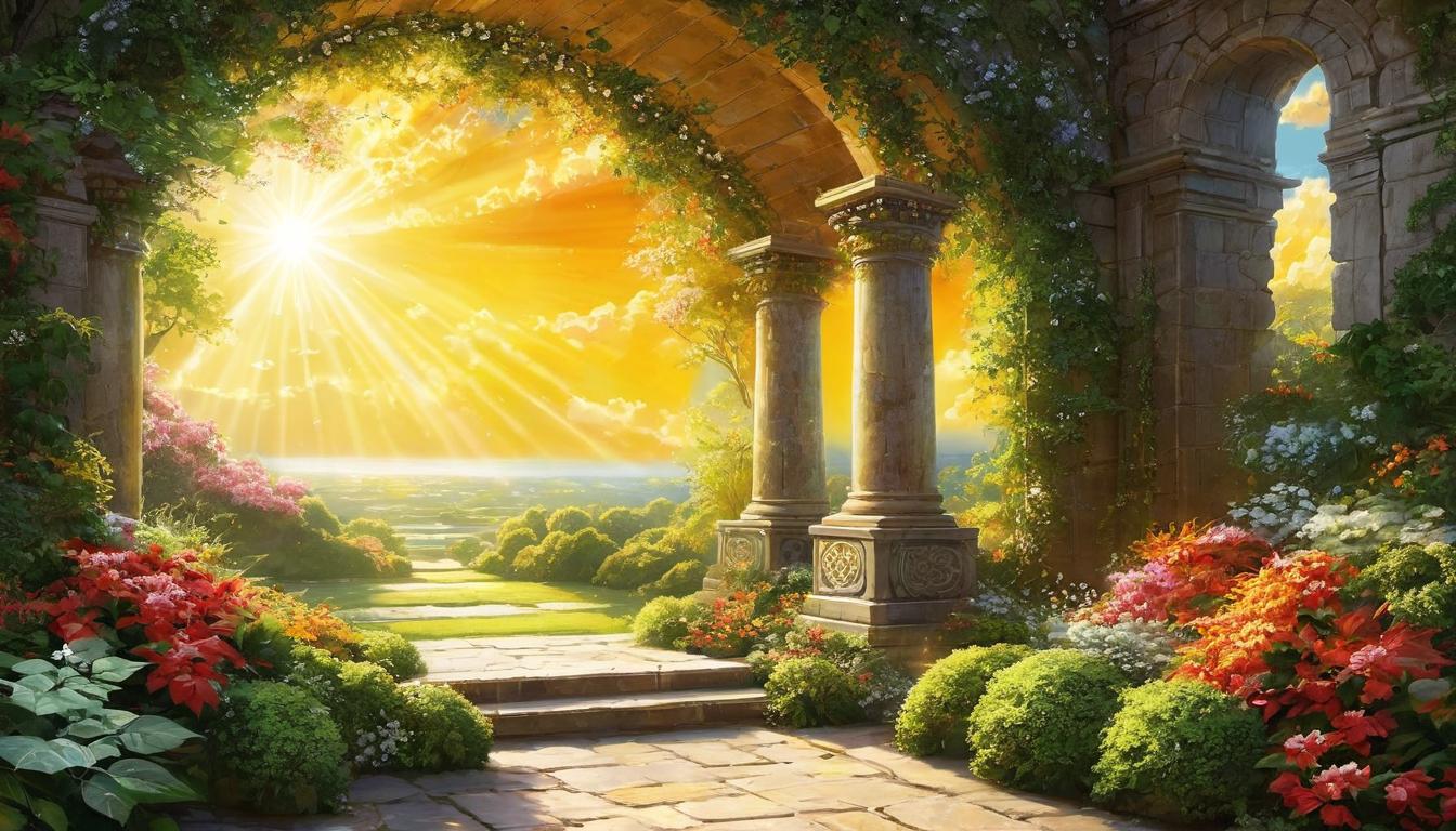  digital painting of A celestial portal, luminous light spilling out, the threshold between two realms, ethereal paradise, lush heavenly garden, golden hues, divine light looking at viewer, dynamic pose, (intricate details, masterpiece, best quality)