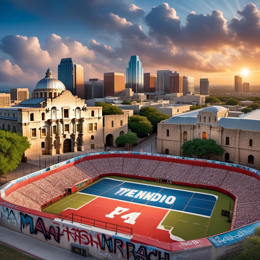  An artistic representation featuring the Alamo Stadium as the background, the San Antonio skyline, and the street name 'Marbach' written in graffiti letters placed through the middle of the scenery. hyperrealistic, full body, detailed clothing, highly detailed, cinematic lighting, stunningly beautiful, intricate, sharp focus, f/1. 8, 85mm, (centered image composition), (professionally color graded), ((bright soft diffused light)), volumetric fog, trending on instagram, trending on tumblr, HDR 4K, 8K