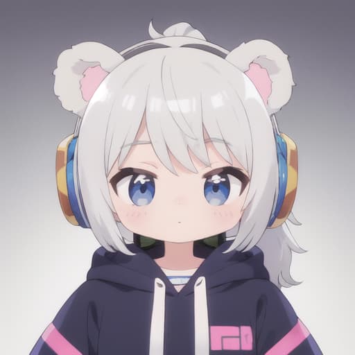  master piece , best quality,Bukabuka Hoodie Bear Ears Girl Headphones Silver Hair Ponytail