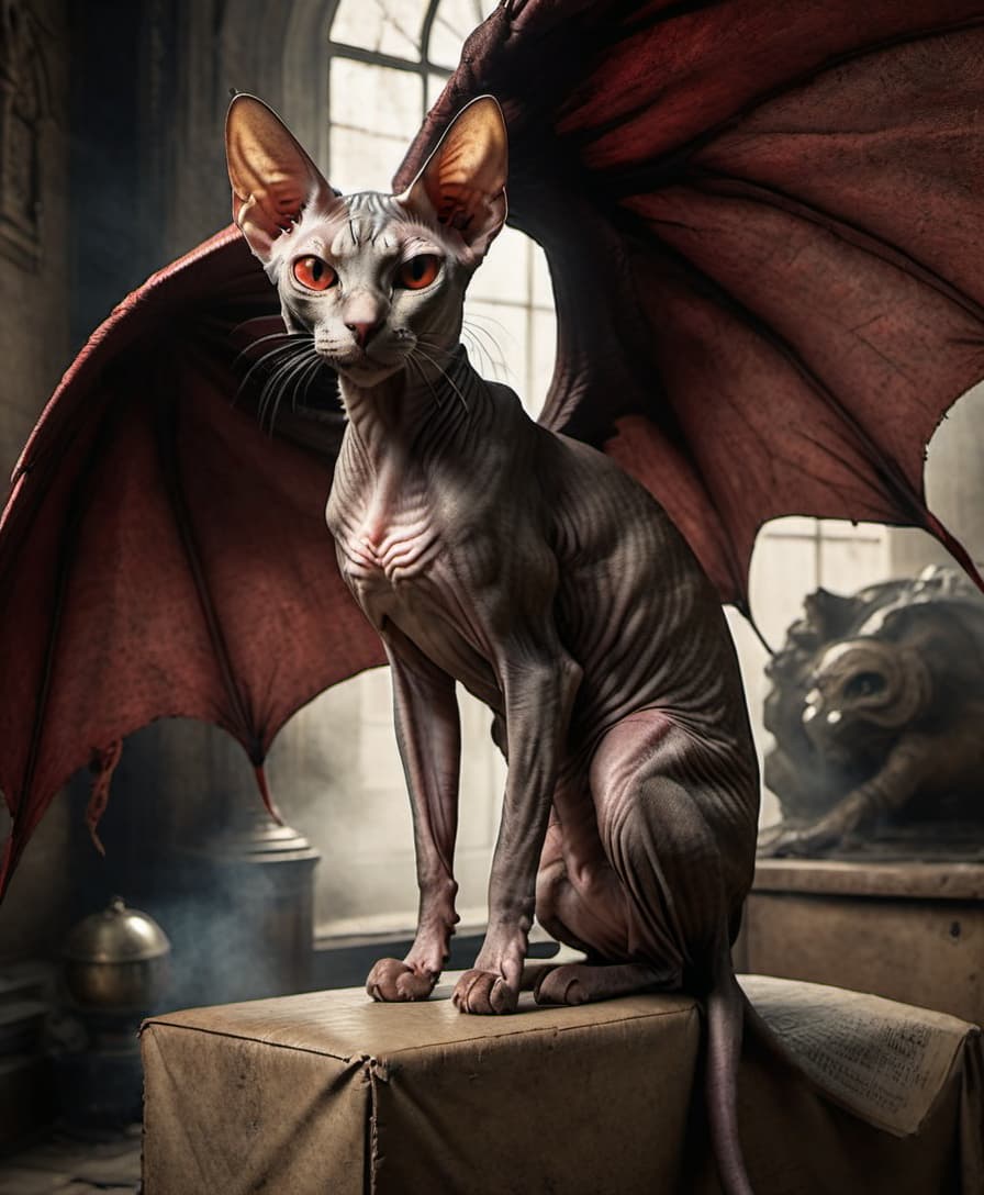  grunge style Sphinx cat, red demonic eyes, leathery demonic wings. . textured, distressed, vintage, edgy, punk rock vibe, dirty, noisy, on parchment hyperrealistic, full body, detailed clothing, highly detailed, cinematic lighting, stunningly beautiful, intricate, sharp focus, f/1. 8, 85mm, (centered image composition), (professionally color graded), ((bright soft diffused light)), volumetric fog, trending on instagram, trending on tumblr, HDR 4K, 8K