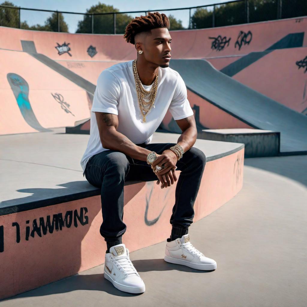  A male model at a skatepark wearing high-end diamond jewelry. The model should be stylishly dressed, perhaps in trendy streetwear fashion, with chains, rings, and a diamond-encrusted watch clearly visible. The skatepark should have ramps, graffiti, and a chill urban vibe. hyperrealistic, full body, detailed clothing, highly detailed, cinematic lighting, stunningly beautiful, intricate, sharp focus, f/1. 8, 85mm, (centered image composition), (professionally color graded), ((bright soft diffused light)), volumetric fog, trending on instagram, trending on tumblr, HDR 4K, 8K