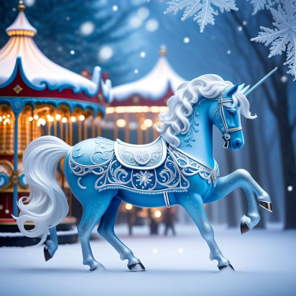  ethereal fantasy concept art of Digital image (double exposure). An attraction in a park. A carousel of ice ponies spinning to the rhythm of a blizzard. Manes of thin openwork snowflakes. Sparkling, sparkling blue neon. Shades of white to blue. (Christmas decor: candy, caramel, wreath, poisettia). Unusual designs, sparkling surfaces. Lots of snowflakes. White snow. Silver filigree, pattern. Stylisation, decorative. Background : surrealist abstraction. Stylistics : fantasy, fairy tale, Soviet animation. High quality. . magnificent, celestial, ethereal, painterly, epic, majestic, magical, fantasy art, cover art, dreamy, hkmagic hyperrealistic, full body, detailed clothing, highly detailed, cinematic lighting, stunningly beautiful, intricate, sharp focus, f/1. 8, 85mm, (centered image composition), (professionally color graded), ((bright soft diffused light)), volumetric fog, trending on instagram, trending on tumblr, HDR 4K, 8K