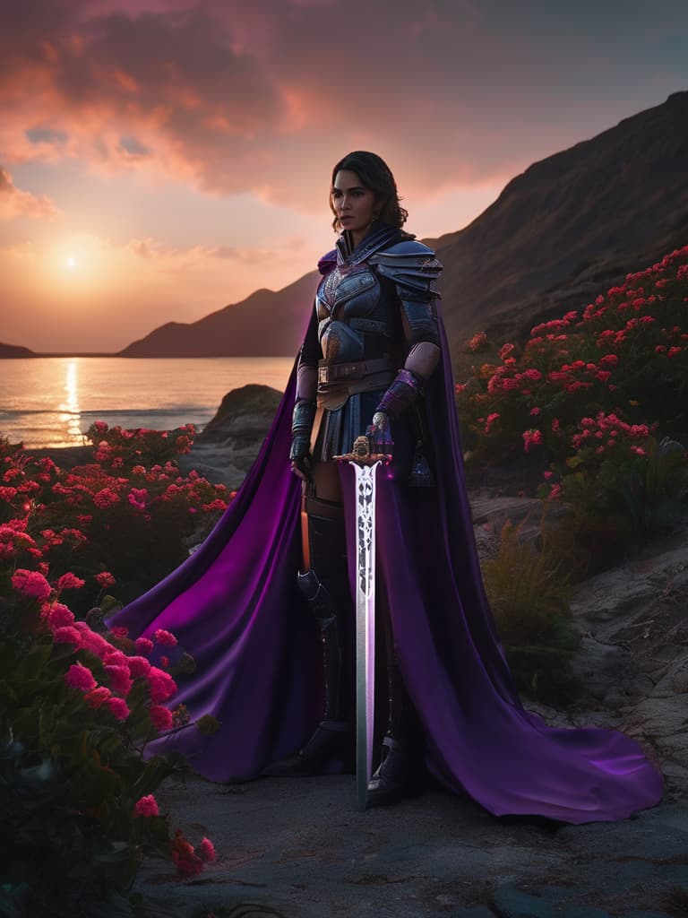  score 9, score 8 up, score 7 up, detailed, aesthetic, 8k unreal engine photorealism, ethereal lighting, purple, nighttime, darkness, surreal art, fantasy, glowing, <lora:Malenia XLPD:1> MaleniaDef, armor, cape, helmet, brown dress, prothestic leg, single mechanical arm, prosthesis, mechanical leg, sword, holding sword, full body, wide shot, flower, water, solo, sunset, night, (dark environment), hyperrealistic, full body, detailed clothing, highly detailed, cinematic lighting, stunningly beautiful, intricate, sharp focus, f/1. 8, 85mm, (centered image composition), (professionally color graded), ((bright soft diffused light)), volumetric fog, trending on instagram, trending on tumblr, HDR 4K, 8K