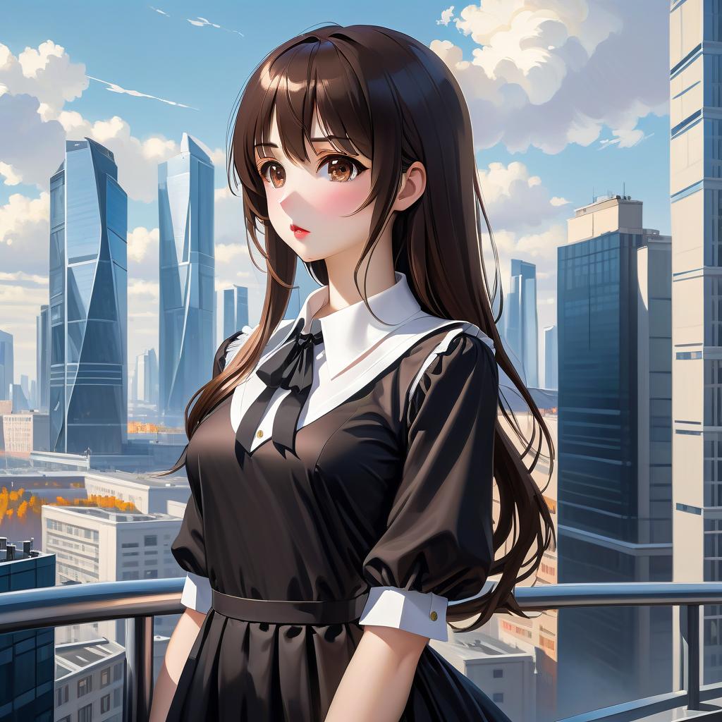  anime artwork beautiful , , oblique bangs, a mole under the lower lip in the middle of the chin. white skinned, European, brown eyes, long brown straight hair, side bangs, mole under the lower lip, slender figure, small neat s, dressed in a black dress with a white collar and white cuffs, full length, against the backdrop of a modern city. Skyscrs of Moscow City (photorealism, oil painting: 1.3), (full length shot: 1.3), charming , long flowing black hair, (large sensual mouth: 1.2), plump lips, sparkling brown eyes , narrow waist, (sensual drawing: 1.2), silvery glow, ethereal aura, detailed brushwork, intricate shadows and highlights, mysterious and captivating expression, unique color palette, masterf hyperrealistic, full body, detailed clothing, highly detailed, cinematic lighting, stunningly beautiful, intricate, sharp focus, f/1. 8, 85mm, (centered image composition), (professionally color graded), ((bright soft diffused light)), volumetric fog, trending on instagram, trending on tumblr, HDR 4K, 8K