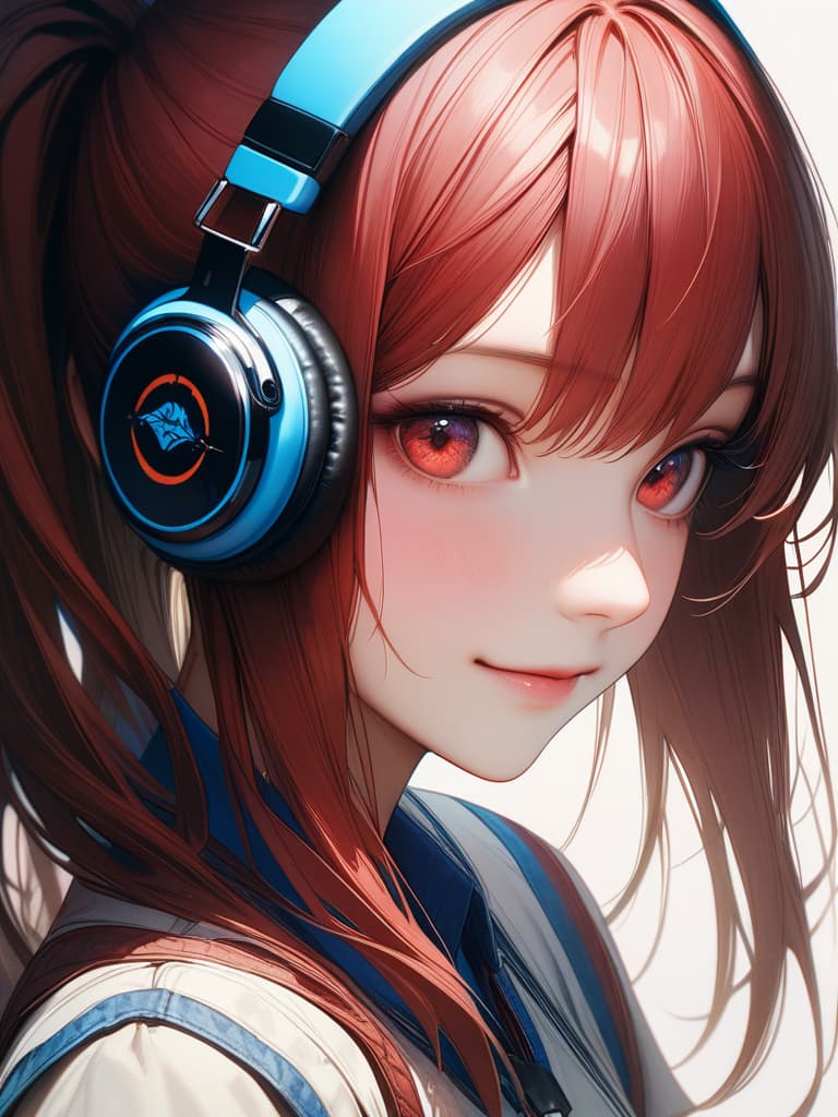  1,1, hair,side tail hair,red eyes,headphone,summer uniform,light smile,realistic, masterpiece, best quality,8k,ultra detailed,high resolution,an extremely delicate and beautiful,hyper detail