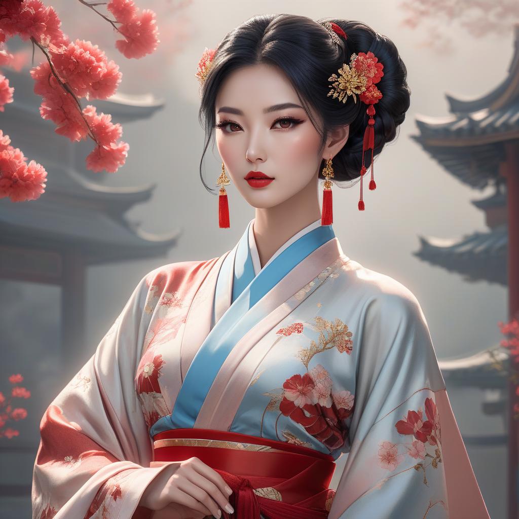  concept art Create an image of an elegant Asian woman with light skin and almond eyes accented by red eyeshadow. Her luscious black hair is styled in a traditional updo adorned with gold hair accessories, white and red flowers, and long red tassel earrings. She is wearing a silk kimono with pale blue and red tones, patterned with subtle floral designs. The kimono is cinched at the waist with a wide red belt featuring golden details. Include a serene expression on her face and her delicate hands visible, one holding a small white bowl. The background should evoke a watercolor style with a blend of soft reds, oranges, and neutrals, hints of floral motifs, and a faded image of an Asian style pillar.Elegant digital artwork of a woman with Asian hyperrealistic, full body, detailed clothing, highly detailed, cinematic lighting, stunningly beautiful, intricate, sharp focus, f/1. 8, 85mm, (centered image composition), (professionally color graded), ((bright soft diffused light)), volumetric fog, trending on instagram, trending on tumblr, HDR 4K, 8K