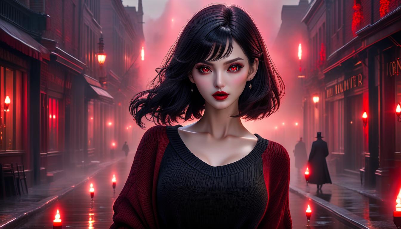   ,(((medium full shot))), (Masterpiece, photorealistic, photorealism, best quality, ultra detailed:1.3), (nice hands, perfect hands), official art, cinematic light, (1:1.3), , red eyes, vampire, pretty , cute , , red lips, black hair, oversize sweater, sweater dress, shiny skin, oiled, glare skin, outdoors, night, winter. Blood, desire in the eyes, excitement. (((Dark red aura))), ((horror)) hyperrealistic, full body, detailed clothing, highly detailed, cinematic lighting, stunningly beautiful, intricate, sharp focus, f/1. 8, 85mm, (centered image composition), (professionally color graded), ((bright soft diffused light)), volumetric fog, trending on instagram, trending on tumblr, HDR 4K, 8K