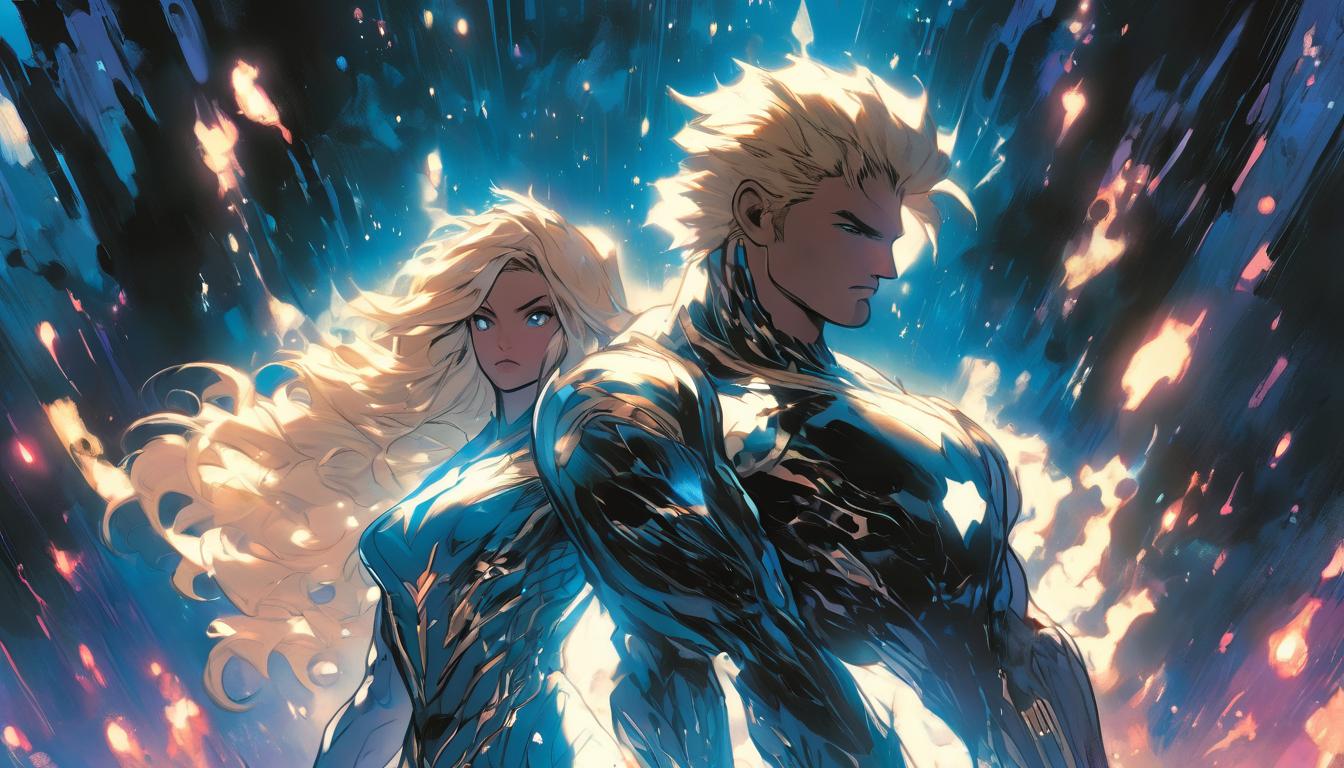  hyperrealism,fantasy aesthetic1man1woman, large busted attractive blonde arian female humanoid and handsome brunet male humanoid, standing together, holding hands, threads of light connecting them to the stars, high tech clothing clad in sleek, futuristic costume with metallic accents and form fitting designs, marvel superhero comics style, unreal engine rendering