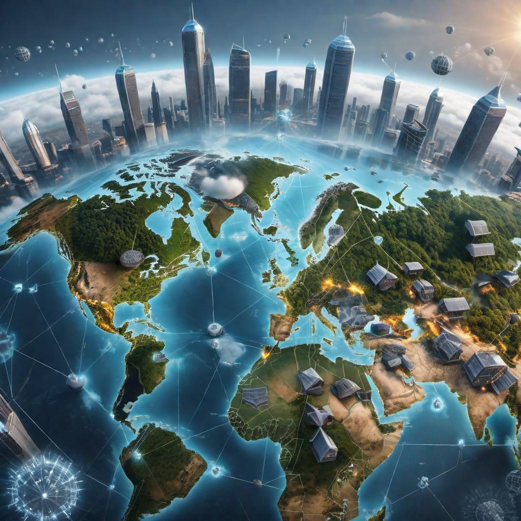  An animation-style image showing the impact of COVID-19 on the world. Elements include: the spread of the virus with virus icons spreading across a global map, people in lockdown represented by houses, economic impacts shown by falling stock charts, societal changes like people wearing masks, practicing social distancing, and online meetings. The image should be vivid and informative. hyperrealistic, full body, detailed clothing, highly detailed, cinematic lighting, stunningly beautiful, intricate, sharp focus, f/1. 8, 85mm, (centered image composition), (professionally color graded), ((bright soft diffused light)), volumetric fog, trending on instagram, trending on tumblr, HDR 4K, 8K