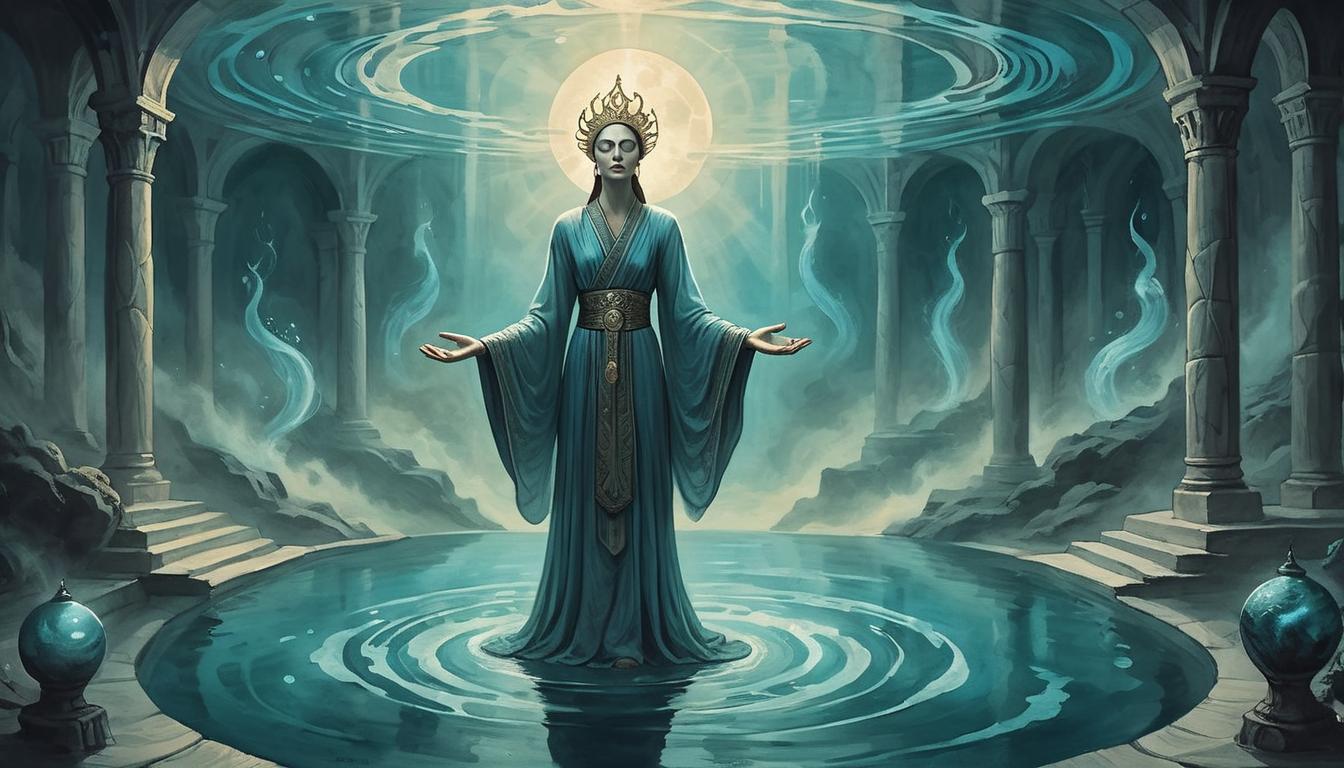  on parchment, surrealism+++, Ancient oracle with flowing robes, eyes closed, radiating a soft glow, her hands extended towards a pool of dark water, waters reflecting scenes of the future, illuminated, mystical, serene yet unsettling mood(mysterious, provocative, symbolic,muted color)+++