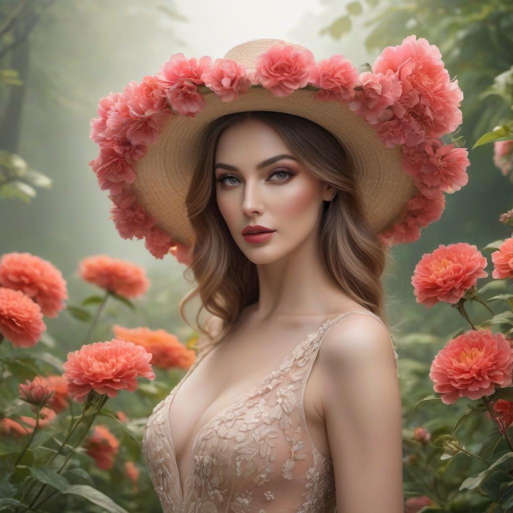  concept art Portrait of a lady in a flowered hat, gorgeous woman in the style of Olivia de Berardinis . digital artwork, illustrative, painterly, matte painting, highly detailed hyperrealistic, full body, detailed clothing, highly detailed, cinematic lighting, stunningly beautiful, intricate, sharp focus, f/1. 8, 85mm, (centered image composition), (professionally color graded), ((bright soft diffused light)), volumetric fog, trending on instagram, trending on tumblr, HDR 4K, 8K