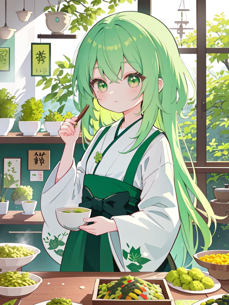  Green hair character of soba shop, masterpiece, best quality,8k,ultra detailed,high resolution,an extremely delicate and beautiful,hyper detail