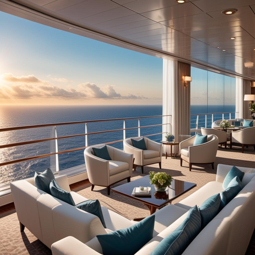  A luxurious penthouse interior on a cruise ship. The design should feature elements typical of a high-end penthouse such as large windows offering a stunning ocean view, elegant furniture, and sophisticated decor. Include areas for lounging, dining, and possibly a small workspace. The overall atmosphere should exude comfort, luxury, and exclusivity, while being situated within the setting of a cruise ship. Elements like a horizon line, the ocean, or a sunset can be visible through the windows to emphasize the cruise ship environment. hyperrealistic, full body, detailed clothing, highly detailed, cinematic lighting, stunningly beautiful, intricate, sharp focus, f/1. 8, 85mm, (centered image composition), (professionally color graded), ((bright soft diffused light)), volumetric fog, trending on instagram, trending on tumblr, HDR 4K, 8K