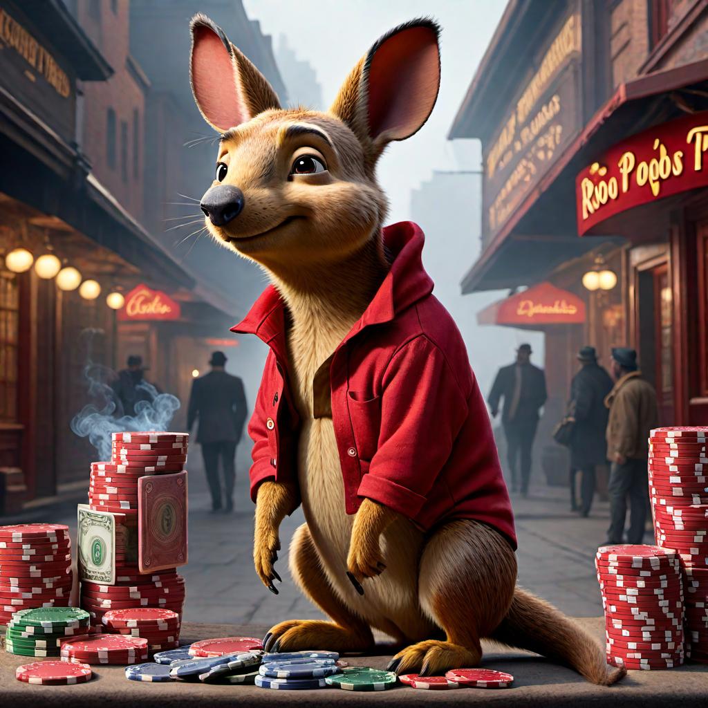  Draw a character inspired by Roo from Winnie the Pooh, wearing designer clothes with a money red bandana, tattoos, casino chips, smoking, holding iPhone boxes, and looking like a scammer, creating a humorous and exaggerated depiction of an intoxicated Roo. hyperrealistic, full body, detailed clothing, highly detailed, cinematic lighting, stunningly beautiful, intricate, sharp focus, f/1. 8, 85mm, (centered image composition), (professionally color graded), ((bright soft diffused light)), volumetric fog, trending on instagram, trending on tumblr, HDR 4K, 8K