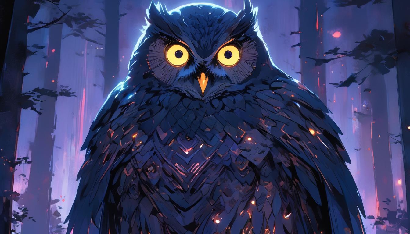  hyperrealism,fantasy aestheticAn owl with large, bright eyes, nocturnal forest setting, moonlight filtering through the trees, gaze penetrating, sense of wisdom, clarity, high tech clothing clad in sleek, futuristic costume with metallic accents and form fitting designs, marvel superhero comics style, unreal engine rendering