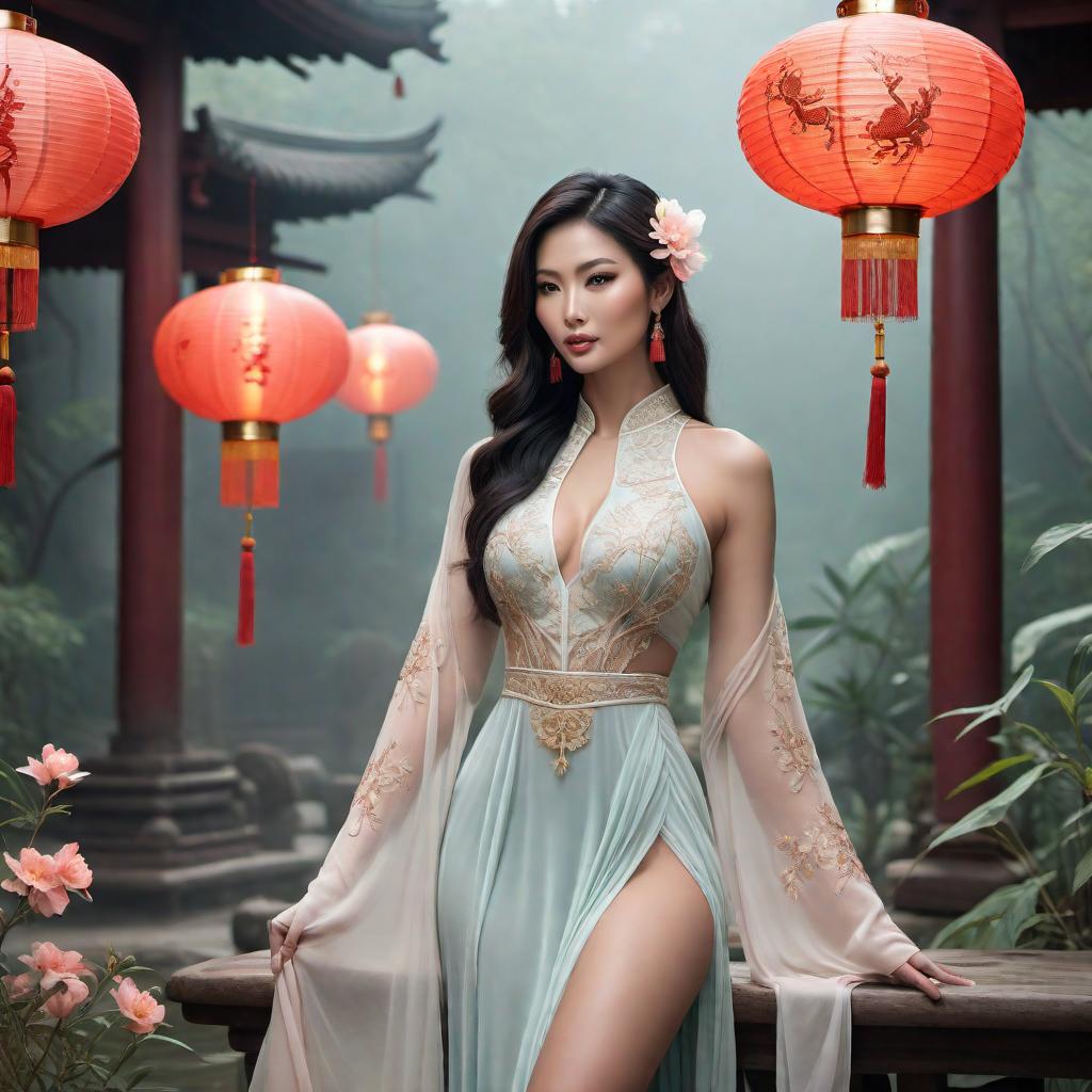  A modern Vietnamese Scorpio female in a dreamy fantasy lofistyle setting. The scene should feature soft, ethereal lighting, whimsical elements like floating lanterns, fantastical flora, and cozy, relaxed décor. The female figure should have an intense, mysterious demeanor, embodying Scorpio traits, and be integrated with modern fashion or accessories that reflect Vietnamese culture. The overall atmosphere should evoke a sense of dreamy tranquility and fantasy. hyperrealistic, full body, detailed clothing, highly detailed, cinematic lighting, stunningly beautiful, intricate, sharp focus, f/1. 8, 85mm, (centered image composition), (professionally color graded), ((bright soft diffused light)), volumetric fog, trending on instagram, trending on tumblr, HDR 4K, 8K