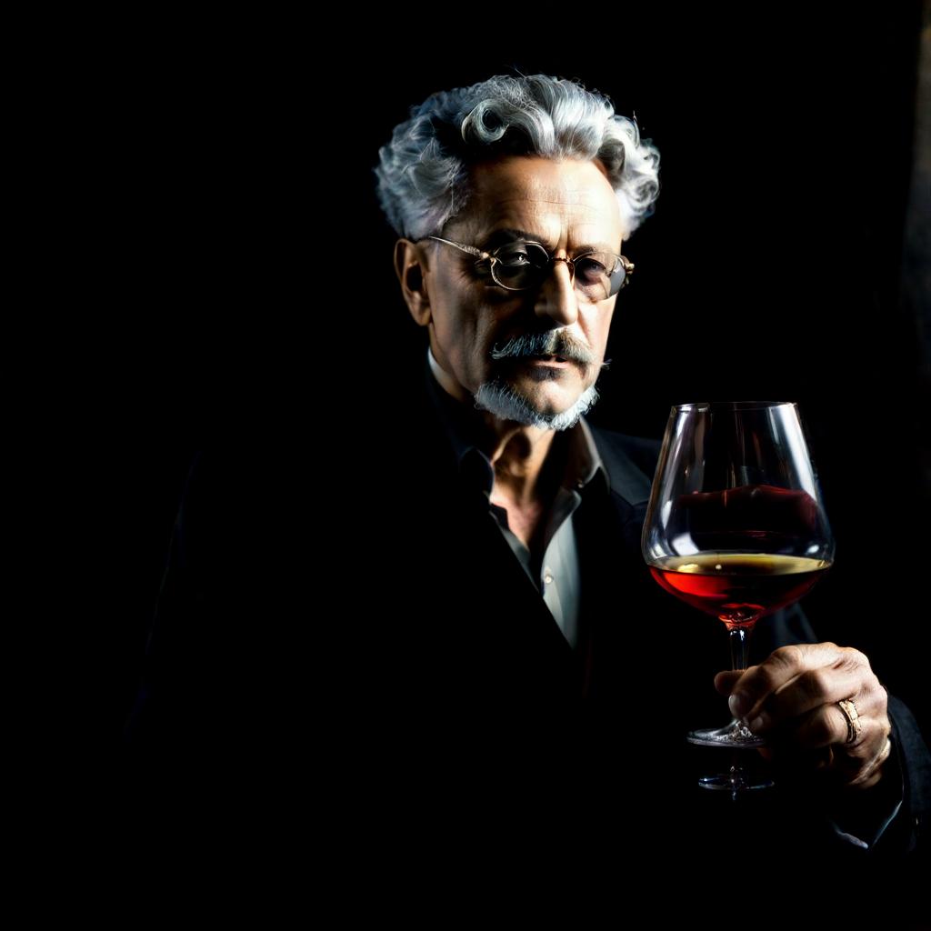  Leon Trotsky as the main ruler of the world, the head of the secret world government with a glass of wine hyperrealistic, full body, detailed clothing, highly detailed, cinematic lighting, stunningly beautiful, intricate, sharp focus, f/1. 8, 85mm, (centered image composition), (professionally color graded), ((bright soft diffused light)), volumetric fog, trending on instagram, trending on tumblr, HDR 4K, 8K