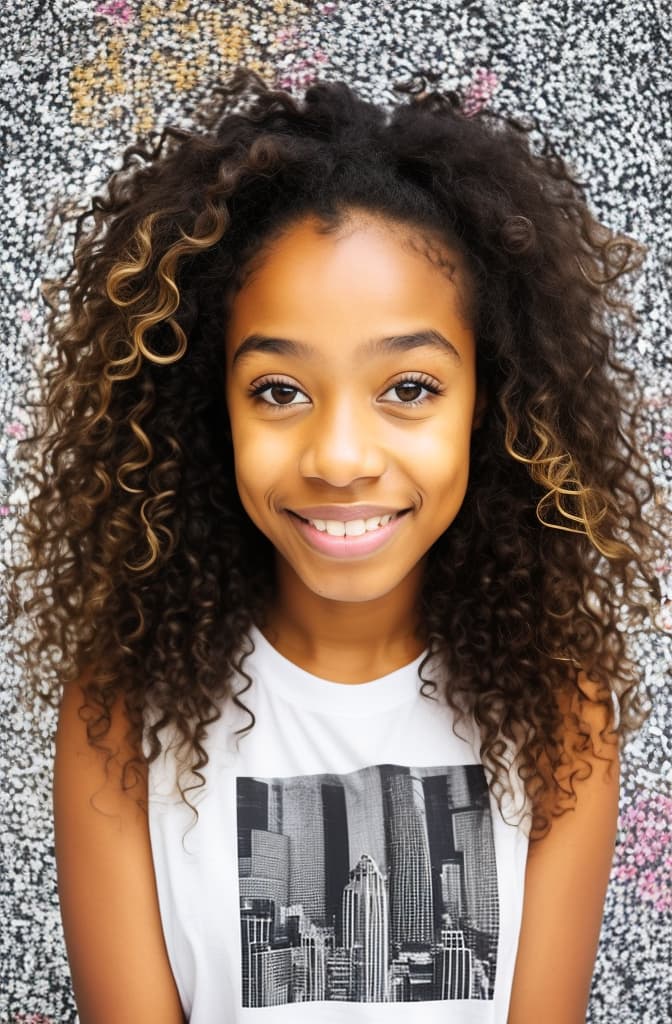  half body portrait black curly happy girl wearing t shirt with squared image floral pattern on this image. Blurred city Background ar 2:3, (natural skin texture, hyperrealism, soft light, muted colors), background