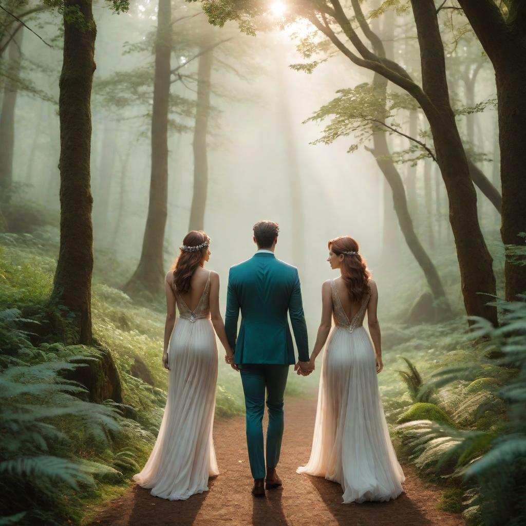  A couple labeled 'Aries' and 'Capricorn,' walking hand-in-hand through a serene, wooded area. The scene captures a relaxed, intimate moment between them. Make the image have a dreamy, fantasy lo-fi aesthetic, with soft muted colors, grainy textures, warm lighting, whimsical elements like glowing fairy lights, ethereal mist, and sparkles. The overall vibe should be calm, nostalgic, and magical. hyperrealistic, full body, detailed clothing, highly detailed, cinematic lighting, stunningly beautiful, intricate, sharp focus, f/1. 8, 85mm, (centered image composition), (professionally color graded), ((bright soft diffused light)), volumetric fog, trending on instagram, trending on tumblr, HDR 4K, 8K