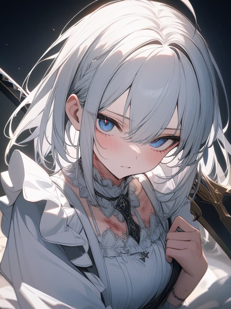  Lolita clothes, maid clothes, white hair, blue eyes, bite marks on the neck, two sword style, swords, women, cool, cute, masterpiece, best quality,8k,ultra detailed,high resolution,an extremely delicate and beautiful,hyper detail