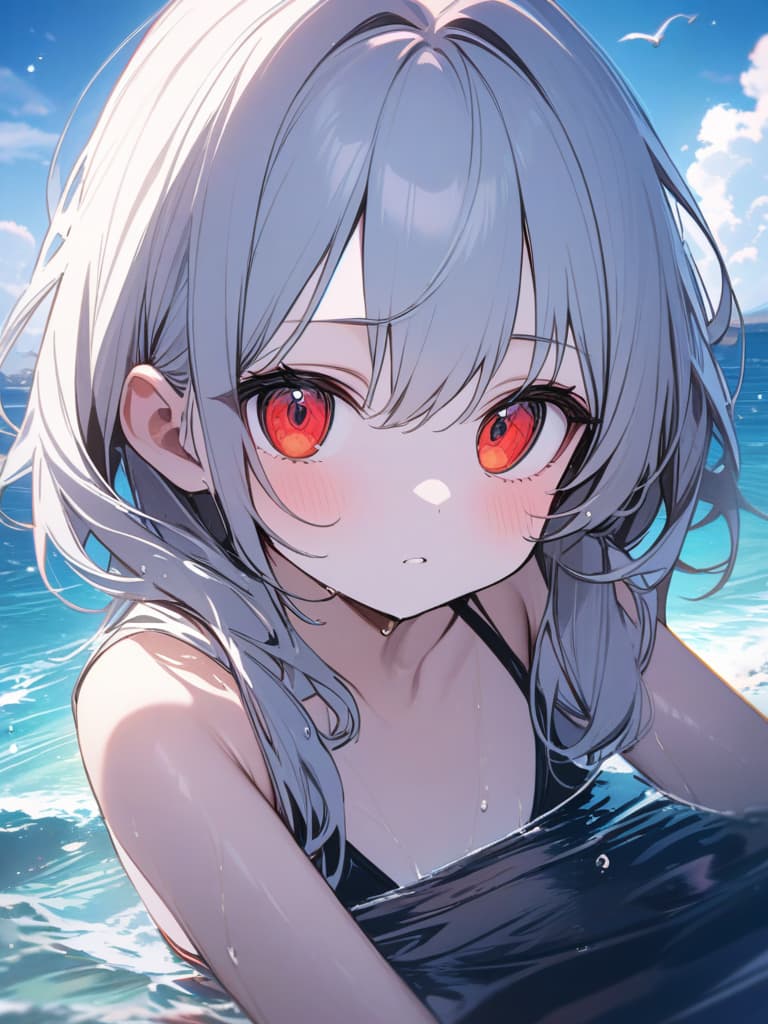  Cute, , big eyes, , sea, beautiful, swimwear, fluffy hair, , young face, white skin, bright red eyes, young face, long hair, masterpiece, best quality,8k,ultra detailed,high resolution,an extremely delicate and beautiful,hyper detail