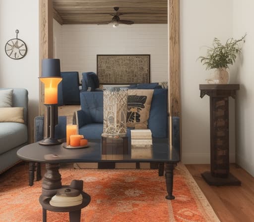  Living Room, Cozy, comfortable, family time, relaxation, entertainment, decor, furniture, lighting The image showcases a cozy and inviting living room theme, characterized by a modern yet rustic aesthetic. Modern rustic living room with a navy blue sofa, orange and gray pillows, wooden coffee table, oriental rug, and a floor lamp. modern, rustic, living room, navy blue sofa, orange pillows, gray pillows, wooden coffee table, oriental rug, floor lamp