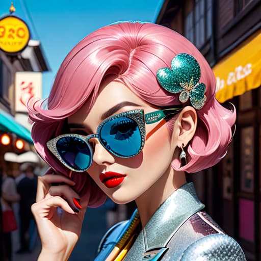  Subject detail: the image depicts a Highly detailed pair of sunglasses with vintage styling, The sunglasses are made from a combination of glitter, metallic, coloured acetate. Art style: in the mixed art style of Irregular Choice, and Osamu Tezuka. Medium: This artwork is highly detailed and photorealistic. hyperrealistic, full body, detailed clothing, highly detailed, cinematic lighting, stunningly beautiful, intricate, sharp focus, f/1. 8, 85mm, (centered image composition), (professionally color graded), ((bright soft diffused light)), volumetric fog, trending on instagram, trending on tumblr, HDR 4K, 8K