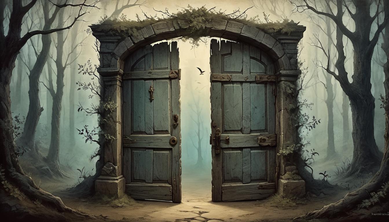  on parchment, surrealism+++, Threshold of transformation, old wooden door in an ancient wall, soft ethereal glow around the edges, dark forest silhouettes, promise of change(mysterious, provocative, symbolic,muted color)+++