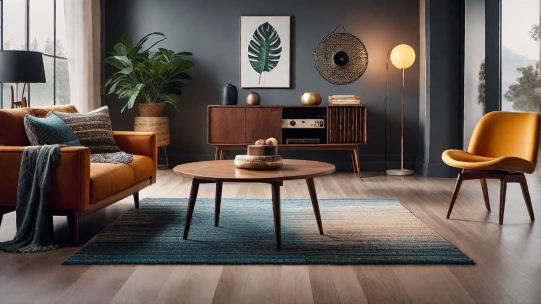  Create an image featuring a cozy retro music corner in a vintage interior setting. Include elements such as a collection of vinyl records displayed on a stylish record player cabinet, a retro mid century modern chair with a colorful throw pillow, a lava lamp on a side table, and a retro inspired rug on the floor. The color scheme should include warm earth tones and vibrant pops of retro colors. additional guidelines  hyperrealistic, full body, detailed clothing, highly detailed, cinematic lighting, stunningly beautiful, intricate, sharp focus, f/1. 8, 85mm, (centered image composition), (professionally color graded), ((bright soft diffused light)), volumetric fog, trending on instagram, trending on tumblr, HDR 4K, 8K