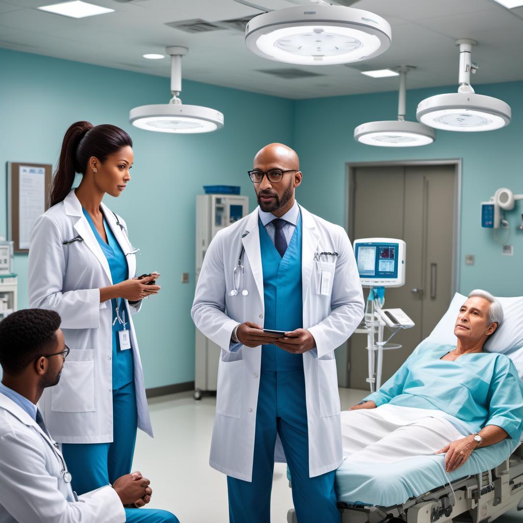  An image of physicians talking to family members in a hospital setting. The scene should take place in a hospital room or waiting area. The physicians are explaining the patient's condition to concerned family members, who are listening intently. The background includes medical equipment, hospital furniture, and a calm, sterile environment to emphasize the setting. hyperrealistic, full body, detailed clothing, highly detailed, cinematic lighting, stunningly beautiful, intricate, sharp focus, f/1. 8, 85mm, (centered image composition), (professionally color graded), ((bright soft diffused light)), volumetric fog, trending on instagram, trending on tumblr, HDR 4K, 8K