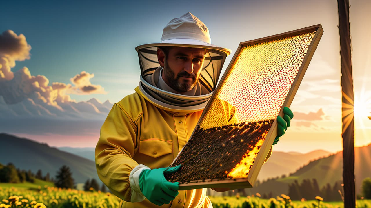  An intimate close up of a single beekeeper, silhouetted against the backdrop of a setting sun, inspecting a frame lifted from the hive. The mood is contemplative and serene, with the golden hour light highlighting the intricate details of the bees and the honeycomb. The beekeeper's tools and the textures of the protective clothing should be rendered with high detail and sharp focus, reflecting the craftsmanship and care involved in beekeeping. The image should be inspired by the Mid Century Modern aesthetic, combining a sense of simplicity and elegance with a deep appreciation for the natural world. This digital painting aims for a cinematic view in 4K UHD, capturing the beauty and intricacy of the moment. hyperrealistic, full body, detailed clothing, highly detailed, cinematic lighting, stunningly beautiful, intricate, sharp focus, f/1. 8, 85mm, (centered image composition), (professionally color graded), ((bright soft diffused light)), volumetric fog, trending on instagram, trending on tumblr, HDR 4K, 8K