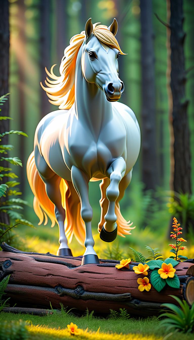  Professional 3D model of A beautiful and graceful horse jumps a log in the forest. The forest is bright and there are many flowers. The horse has no equipment. . Rendered with Octane, the model is highly detailed,dramatic lighting. hyperrealistic, full body, detailed clothing, highly detailed, cinematic lighting, stunningly beautiful, intricate, sharp focus, f/1. 8, 85mm, (centered image composition), (professionally color graded), ((bright soft diffused light)), volumetric fog, trending on instagram, trending on tumblr, HDR 4K, 8K