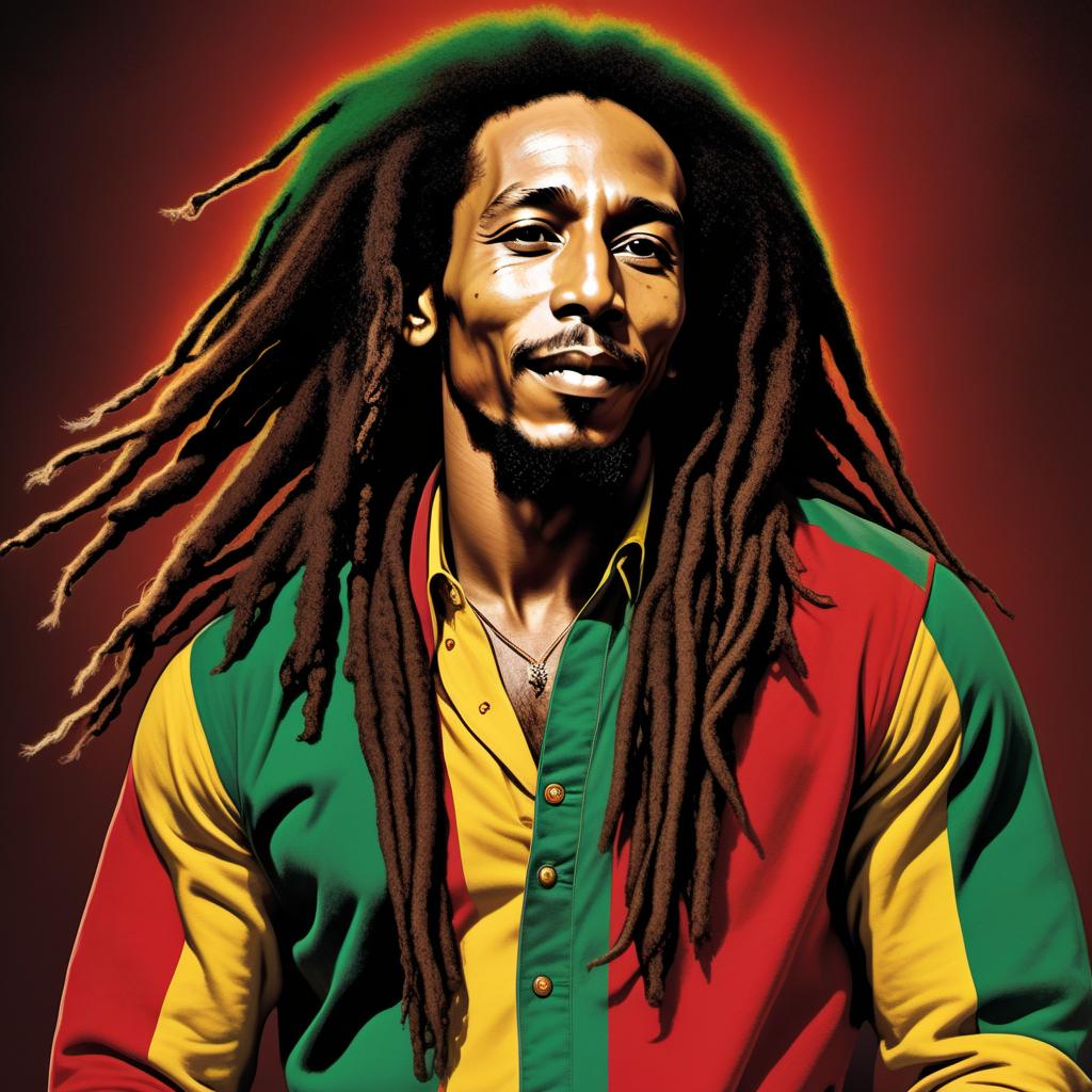  A highly realistic and artistic depiction of Bob Marley as a Haitian version, incorporating Jamaican colors (reds, greens, and yellows). Capture his iconic features, musical spirit, and cultural connection, blending elements of both Haitian and Jamaican artistry. The image should be detailed and imaginative, reflecting his legendary persona in a vibrant and authentic style. hyperrealistic, full body, detailed clothing, highly detailed, cinematic lighting, stunningly beautiful, intricate, sharp focus, f/1. 8, 85mm, (centered image composition), (professionally color graded), ((bright soft diffused light)), volumetric fog, trending on instagram, trending on tumblr, HDR 4K, 8K