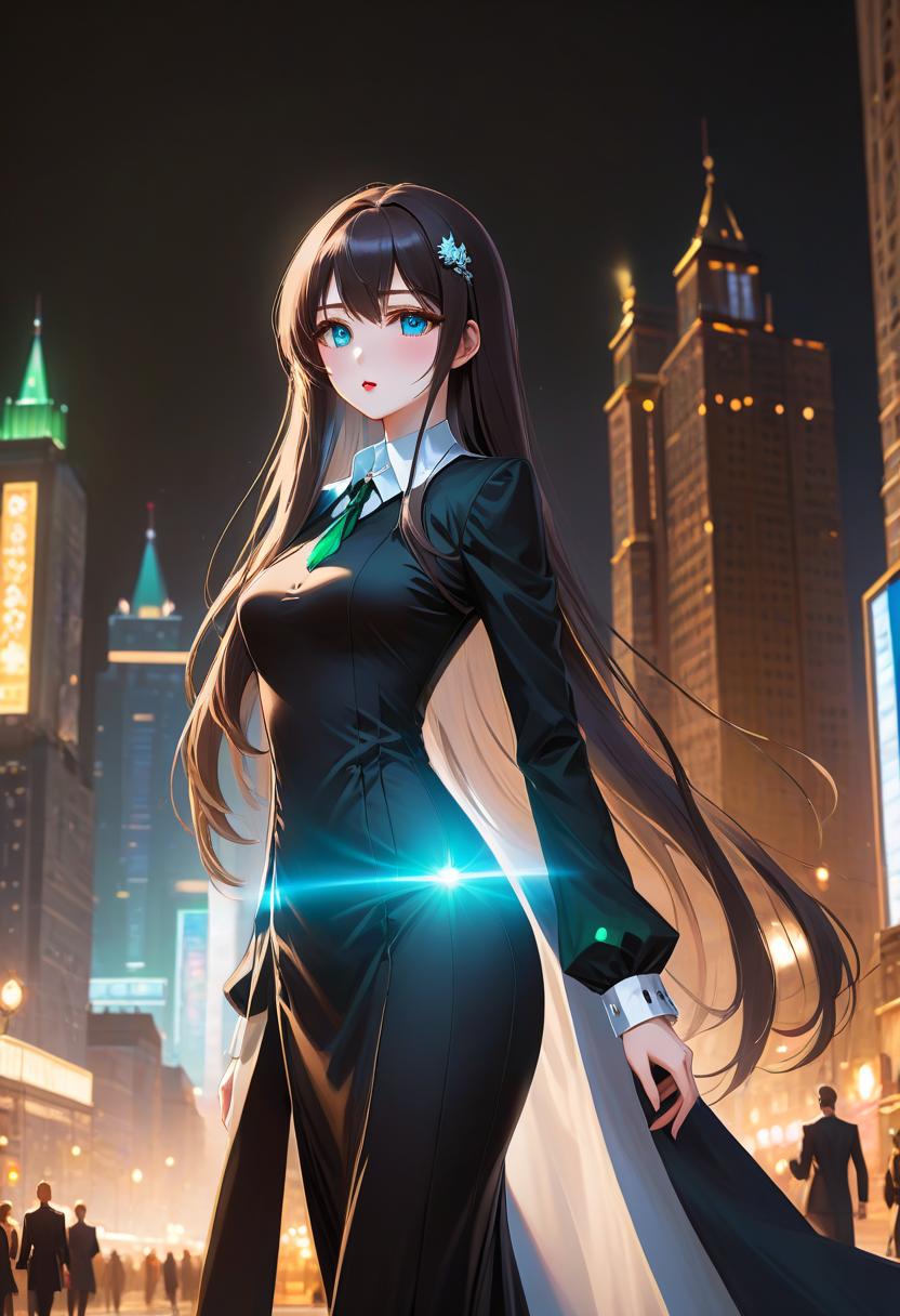  anime artwork beautiful , , white skinned, European, маленькая грудь, плоская грудь, blue eyes, long brown straight hair, slender figure, small neat s, dressed in a black dress with a white collar and white cuffs, full length, against the backdrop of a modern city. Skyscrs of Moscow City (photorealism, oil painting: 1.3), (full length shot: 1.3), charming , long flowing black hair, (large sensual mouth: 1.2), plump lips, sparkling emerald eyes , narrow waist, (sensual drawing: 1.2), silvery glow, ethereal aura, detailed brushwork, intricate shadows and highlights, mysterious and captivating expression, unique color palette, masterful use of light and shadow, captivating atmosphe hyperrealistic, full body, detailed clothing, highly detailed, cinematic lighting, stunningly beautiful, intricate, sharp focus, f/1. 8, 85mm, (centered image composition), (professionally color graded), ((bright soft diffused light)), volumetric fog, trending on instagram, trending on tumblr, HDR 4K, 8K