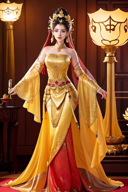  The ancient auspicious princess costume is yellow and red, she has a writing brush in her hand and a lotus between her eyebrows. hyperrealistic, full body, detailed clothing, highly detailed, cinematic lighting, stunningly beautiful, intricate, sharp focus, f/1. 8, 85mm, (centered image composition), (professionally color graded), ((bright soft diffused light)), volumetric fog, trending on instagram, trending on tumblr, HDR 4K, 8K