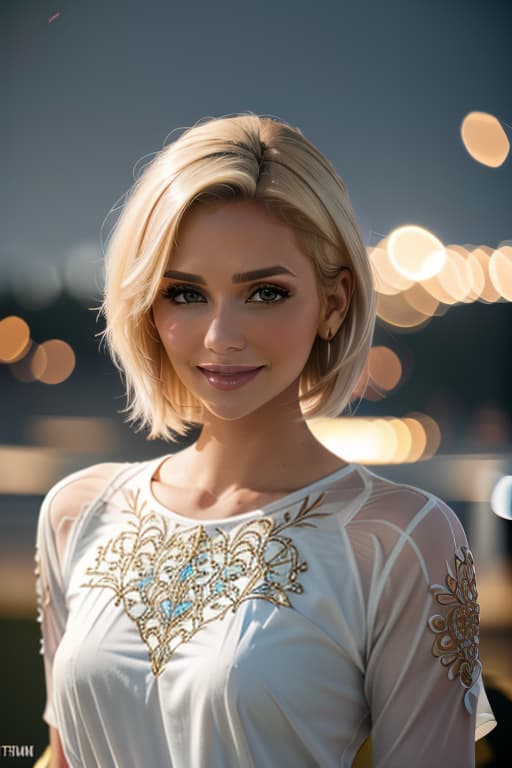  1girl,1girl,blonde short hair,straight hair,upper body shot,shirt,smile hyperrealistic, full body, detailed clothing, highly detailed, cinematic lighting, stunningly beautiful, intricate, sharp focus, f/1. 8, 85mm, (centered image composition), (professionally color graded), ((bright soft diffused light)), volumetric fog, trending on instagram, trending on tumblr, HDR 4K, 8K