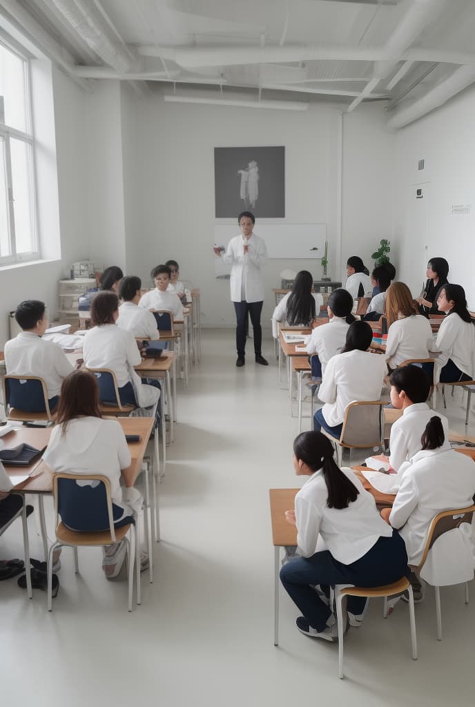  a photo of doctor teaching students in white classroom, clean , many student, large room, high quality, realistic, ADVERTISING PHOTO,high quality, good proportion, masterpiece , The image is captured with an 8k camera