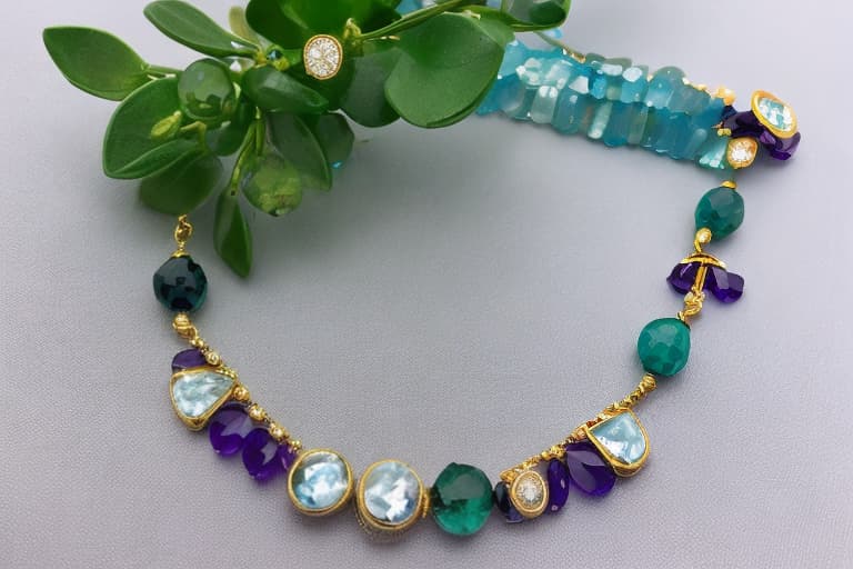 portrait+ style multi gemstone necklace with unique bali ornamen, scroll jawan set with the matching earring, stone blue topaz, amethyst, peridot, green t