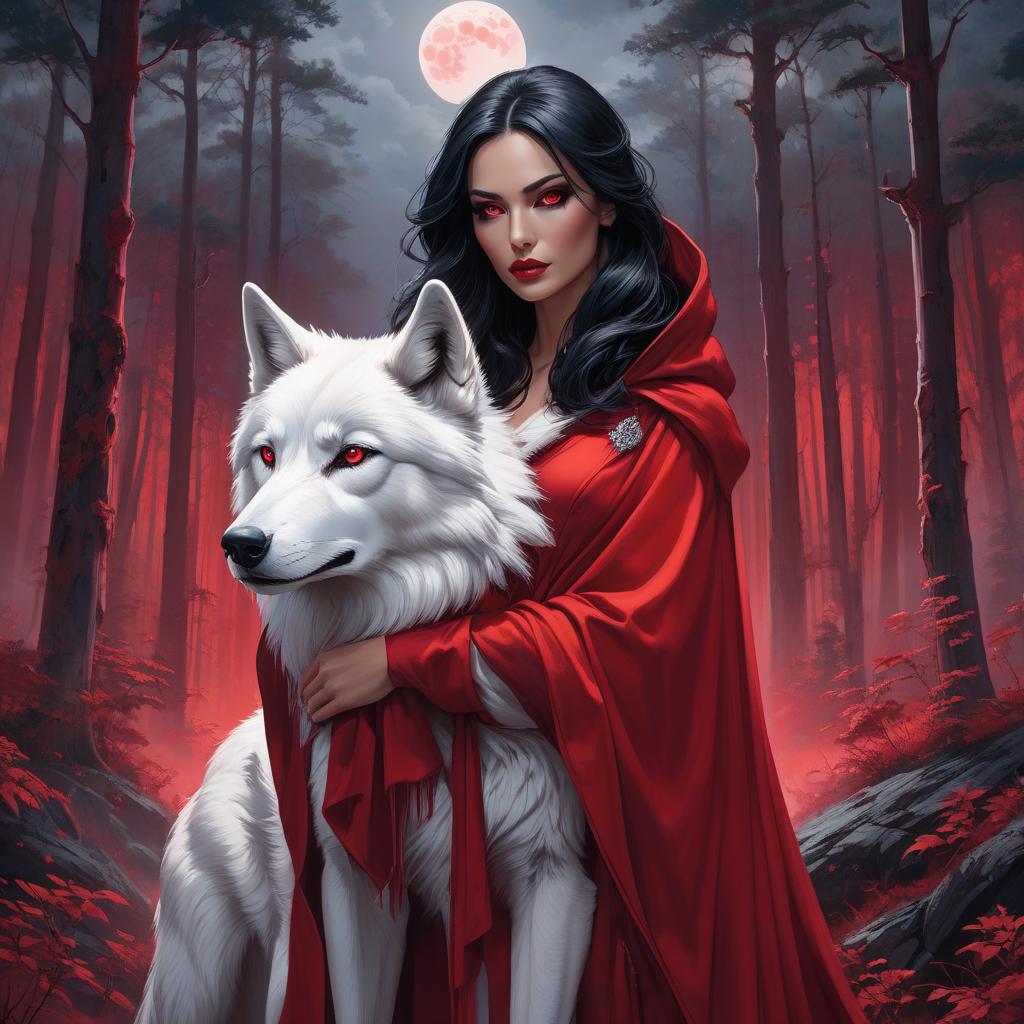  Beautiful Raven haired woman with red eyes in a red cloak in a glowing forest with giant white wolf next to her under a red full moon and dark clouds, graffiti art, splash art, street art, spray paint, oil gouache melting, acrylic, high contrast, colorful polychromatic, ultra detailed, ultra quality, CGSociety hyperrealistic, full body, detailed clothing, highly detailed, cinematic lighting, stunningly beautiful, intricate, sharp focus, f/1. 8, 85mm, (centered image composition), (professionally color graded), ((bright soft diffused light)), volumetric fog, trending on instagram, trending on tumblr, HDR 4K, 8K