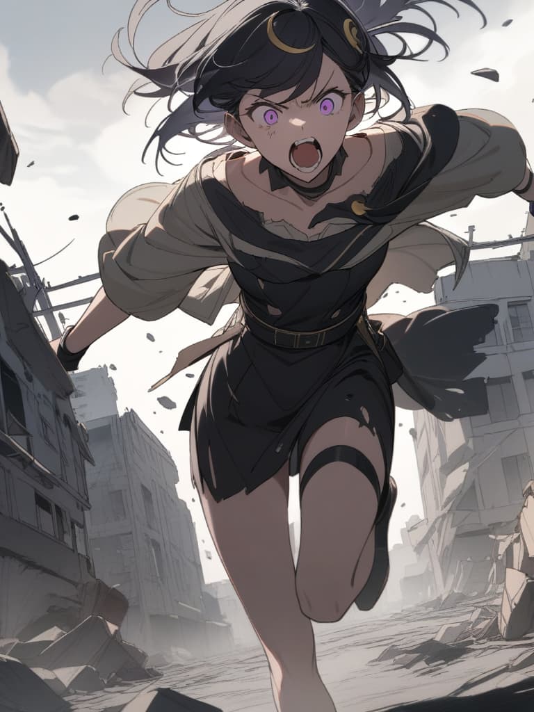  Leaping,((beige sharp tentacles))1.4,((Anger,screaming,hatred))1.2,murderous intent,mouths open,running,tattered clothes,rubble,collapsed buildings,cool girl,Black hair,(purple eyes),short,cropped hair,crescent moon hair ornament, masterpiece, best quality,8k,ultra detailed,high resolution,an extremely delicate and beautiful,hyper detail