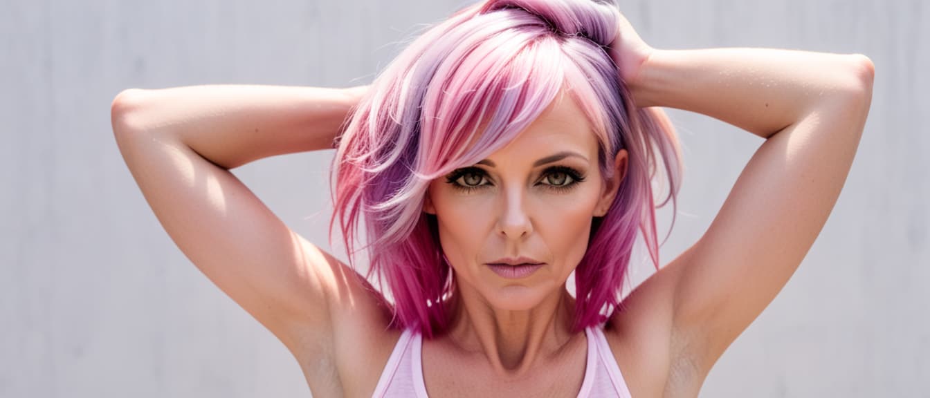  Portrait of an adult pink dyed hair woman with her hands behind her head