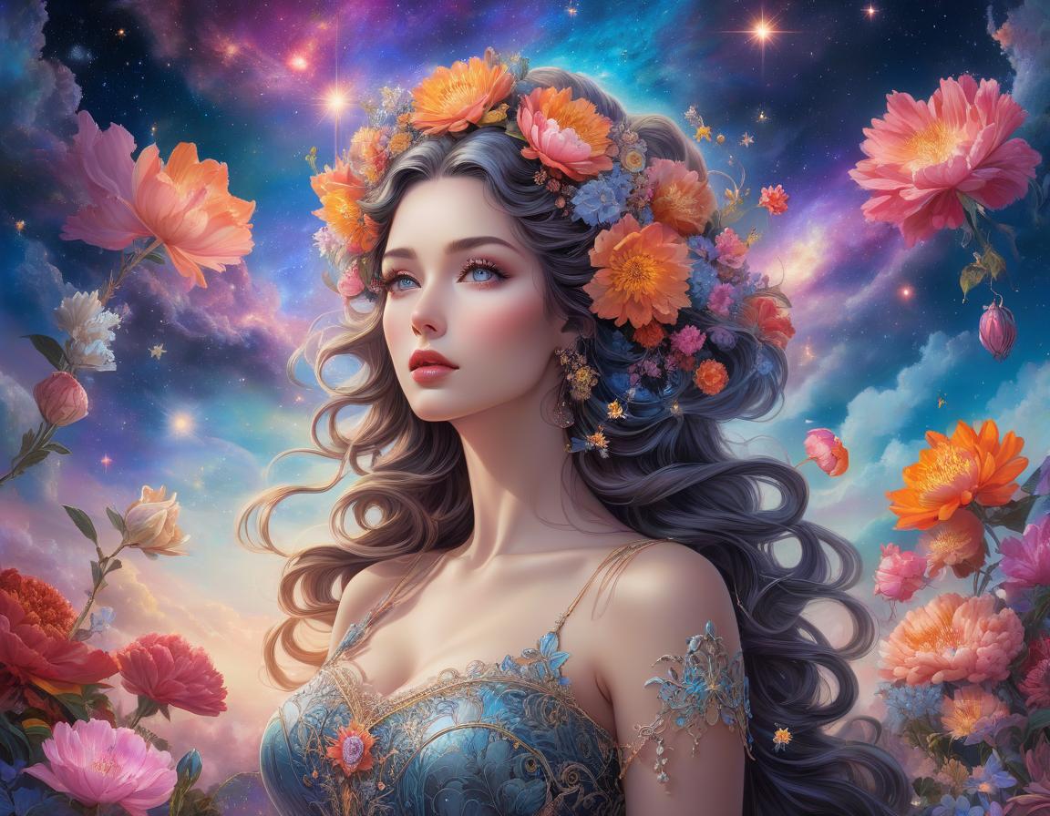  gothic style A digital artwork of a woman with flowers in her hair against a vibrant cosmic background with stars and nebulas. 1 stunningly beautiful young woman as the central figure, set against a mesmerizing multicolor galaxy cloud backdrop. The woman exudes a sense of wonder and grace, reminiscent of Josephine Wall's distinctive style. Her face is a flawless blend of mechanical precision and extraordinary beauty, with android like features intertwined with delicate flower elements. The overall composition is hyper detailed, drawing inspiration from the works of Ernst Haeckel and James Jean. The image is a masterpiece of generative art, incorporating elements of baroque aesthetics, intricate patterns, and fractalism. It captures a cinema hyperrealistic, full body, detailed clothing, highly detailed, cinematic lighting, stunningly beautiful, intricate, sharp focus, f/1. 8, 85mm, (centered image composition), (professionally color graded), ((bright soft diffused light)), volumetric fog, trending on instagram, trending on tumblr, HDR 4K, 8K