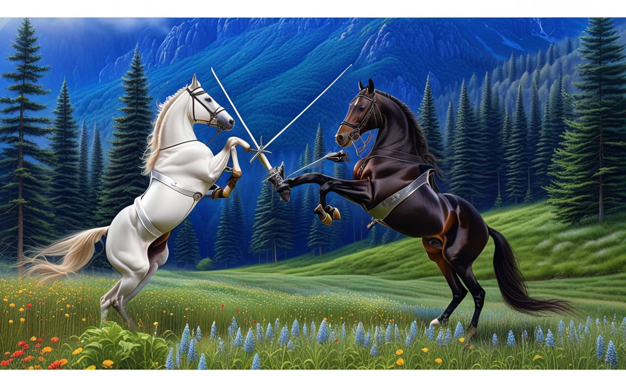  hyperrealistic art Two equestrian fencers, standing on their heels, hold swords in their hands, and engage in fencing in the field. . extremely high resolution details, photographic, realism pushed to extreme, fine texture, incredibly lifelike hyperrealistic, full body, detailed clothing, highly detailed, cinematic lighting, stunningly beautiful, intricate, sharp focus, f/1. 8, 85mm, (centered image composition), (professionally color graded), ((bright soft diffused light)), volumetric fog, trending on instagram, trending on tumblr, HDR 4K, 8K