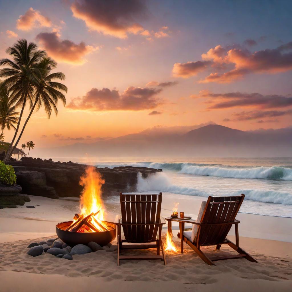  A serene beach scene in Bali during sunset, with soft golden sands, gentle waves, palm trees swaying slightly in the breeze, a cozy bonfire in the foreground, and two beach chairs facing the bonfire. The words 'Dreams do come true if you believe' are elegantly written in the sky in soft, flowing script. hyperrealistic, full body, detailed clothing, highly detailed, cinematic lighting, stunningly beautiful, intricate, sharp focus, f/1. 8, 85mm, (centered image composition), (professionally color graded), ((bright soft diffused light)), volumetric fog, trending on instagram, trending on tumblr, HDR 4K, 8K