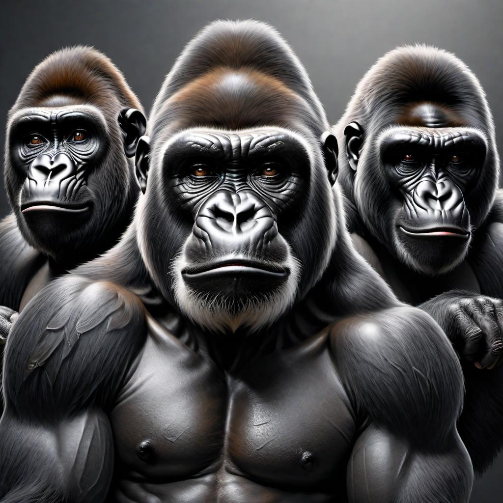  A tattoo design featuring three gorilla skulls representing the 'hear no evil, speak no evil, see no evil' concept. The skulls should be depicted in grayscale and black colors. hyperrealistic, full body, detailed clothing, highly detailed, cinematic lighting, stunningly beautiful, intricate, sharp focus, f/1. 8, 85mm, (centered image composition), (professionally color graded), ((bright soft diffused light)), volumetric fog, trending on instagram, trending on tumblr, HDR 4K, 8K